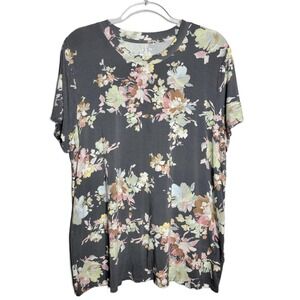 24/7 by Maurices Womens XXL Soft Gray Floral Short Sleeve Crew Neck Tee T-Shirt